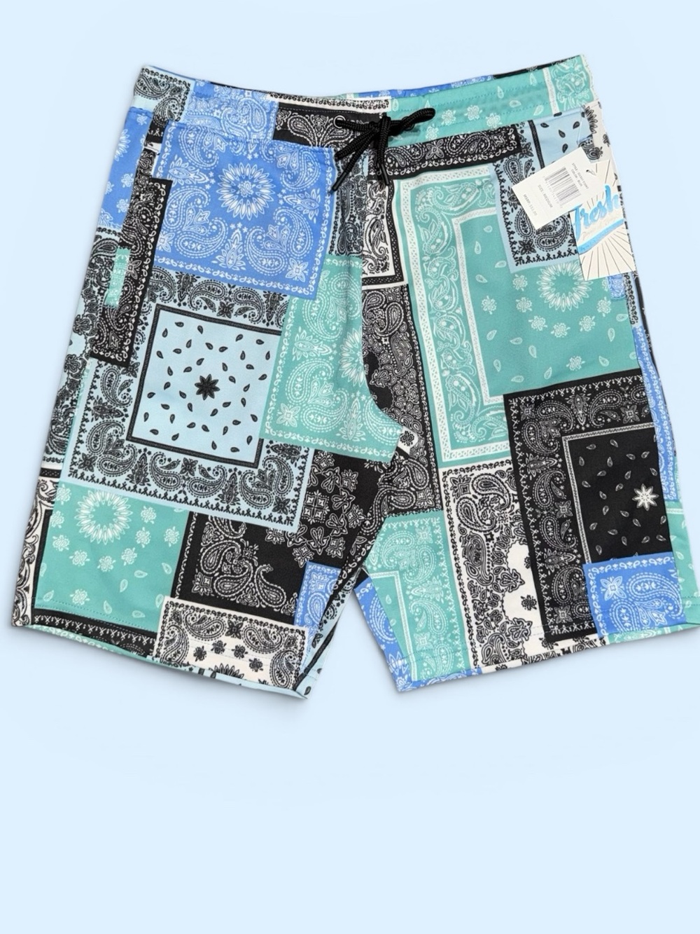 Men’s Bandana Patchwork Board Shorts Paisley Swim Trunks Blue Streetwear NWT